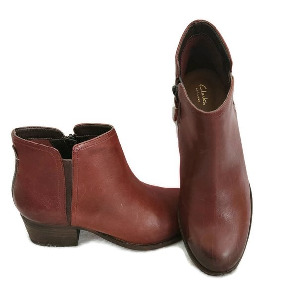 Clarks Shoes - Clarks Artisan Maypearl Ramie Women's Mahogany Brown Leather Ankle Booties